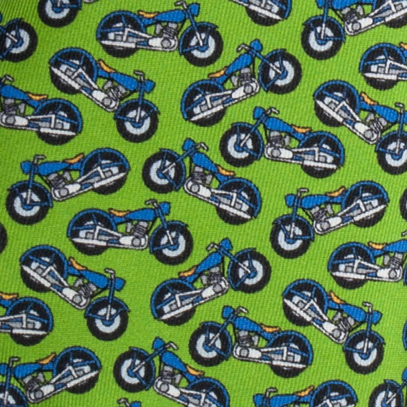 Green silk pocket square with motorbikes pattern