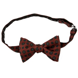 Burgundy silk bow tie with green medallions