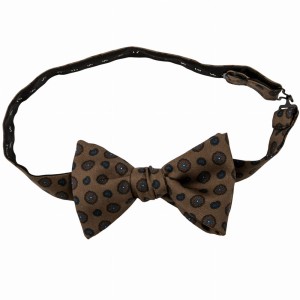 Brown silk bow tie with navy blue and orange medallions for self-tying