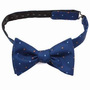Navy blue self-tying silk bow tie with blue and light brown polka dots