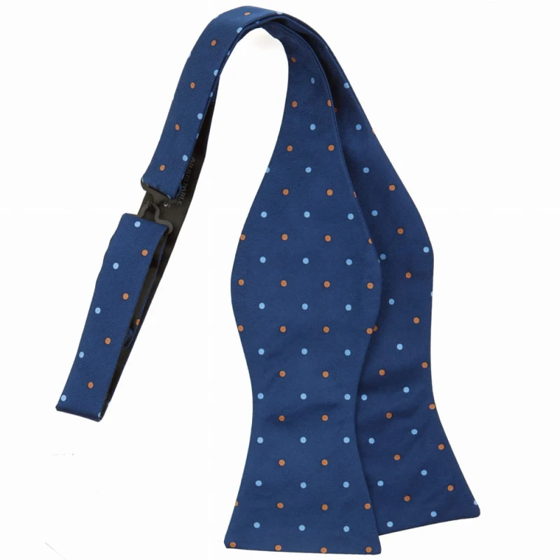 Navy blue self-tying silk bow tie with blue and light brown polka dots MST4119a.jpg