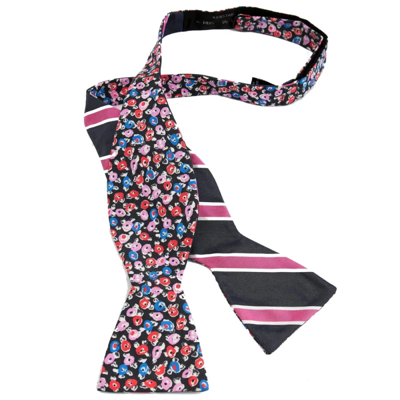 Double-sided silk black bow tie with pink flowers and stripes