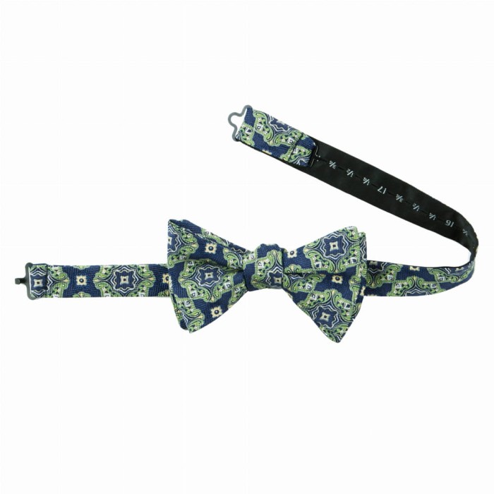 Printed self tied bow tie with green and yellow ormanent