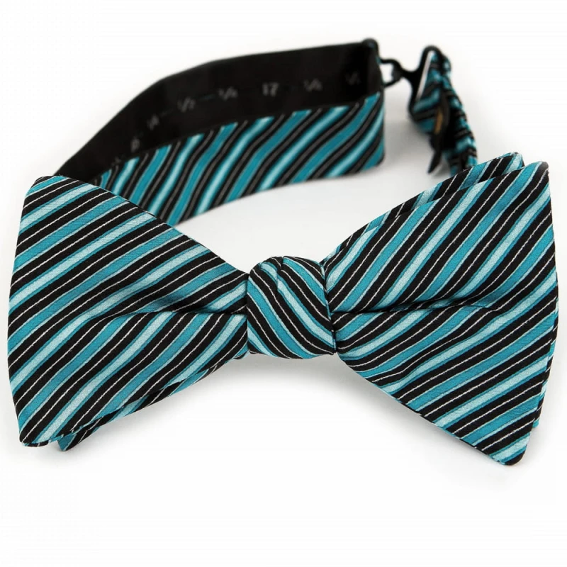 Silk black bow tie with turquoise stripes