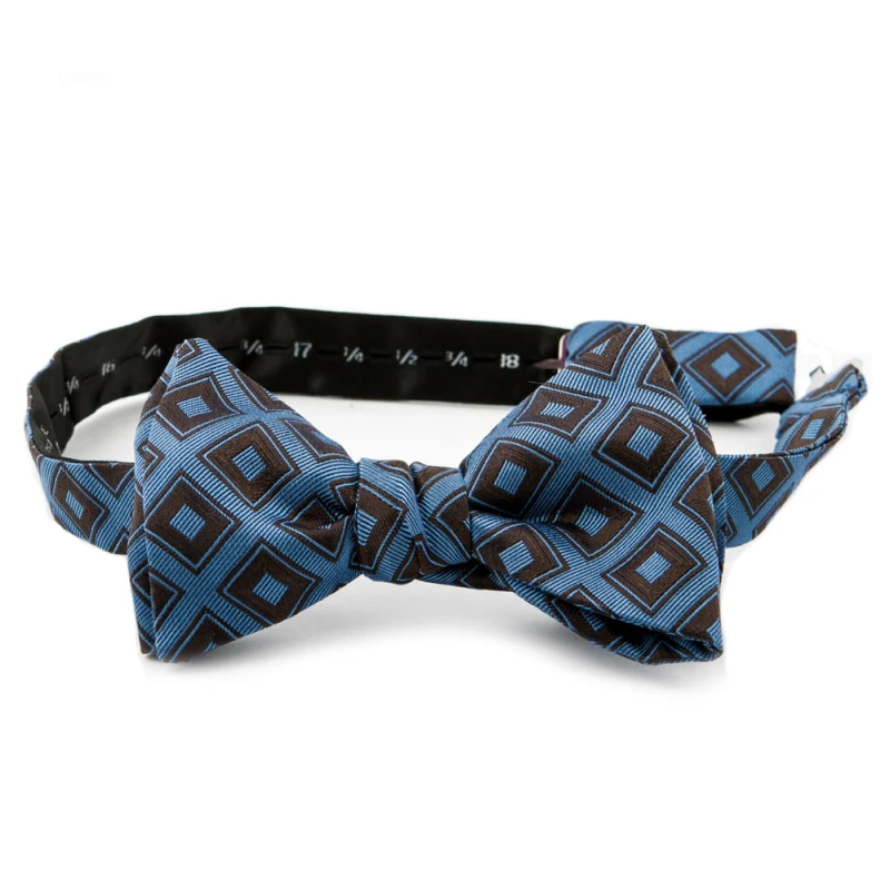 Blue silk bow tie with brown diamonds