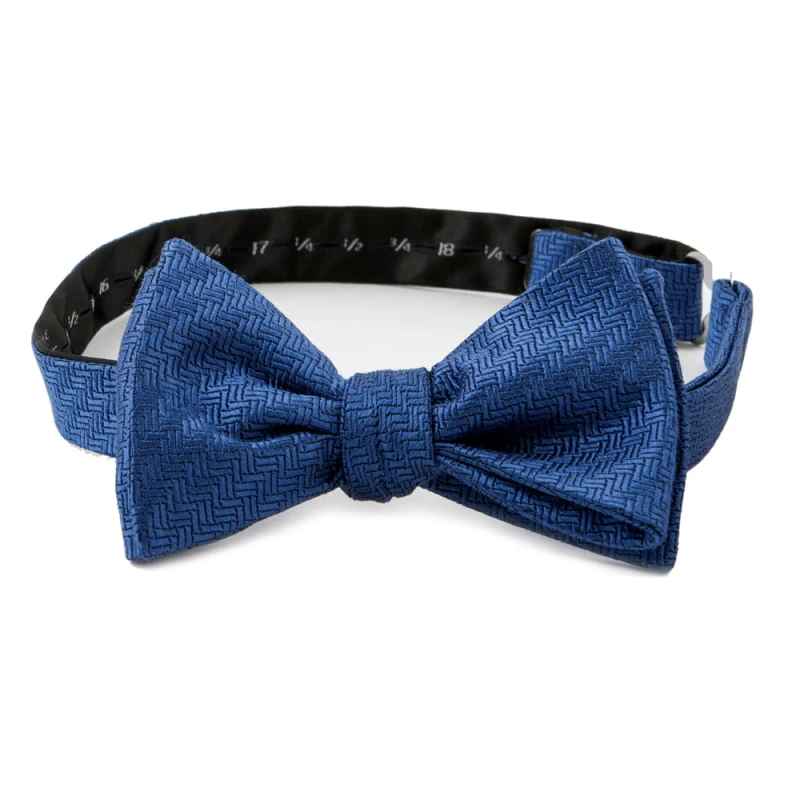 Blue silk bow tie with a herringbone structure