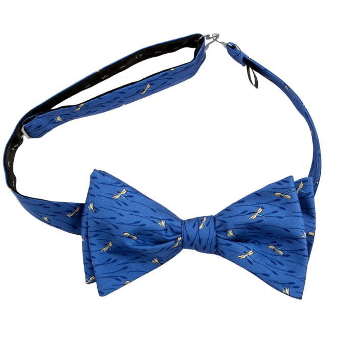 Blue silk self-tie bow tie with pale yellow dragonfly print