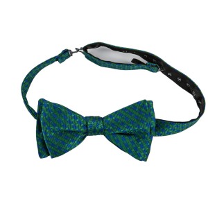 Green silk bow tie  with blue stripes and polka dots