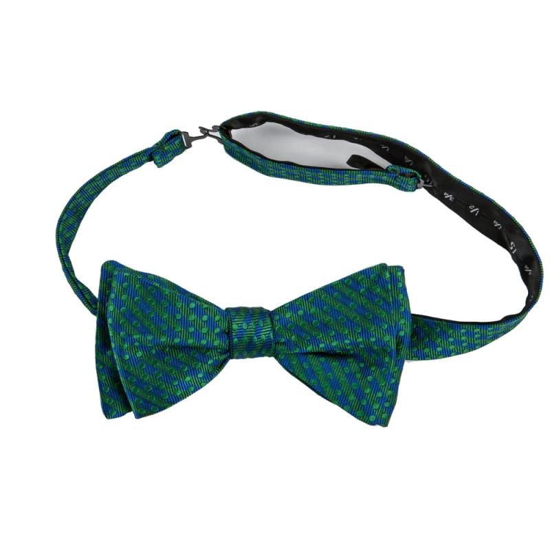 Green silk bow tie  with blue stripes and polka dots