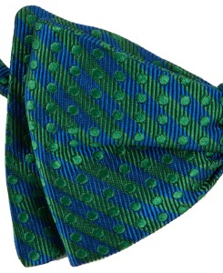 Green silk bow tie  with blue stripes and polka dots MS1479a.jpg