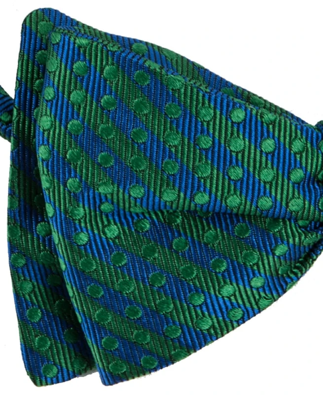 Green silk bow tie  with blue stripes and polka dots MS1479a.jpg