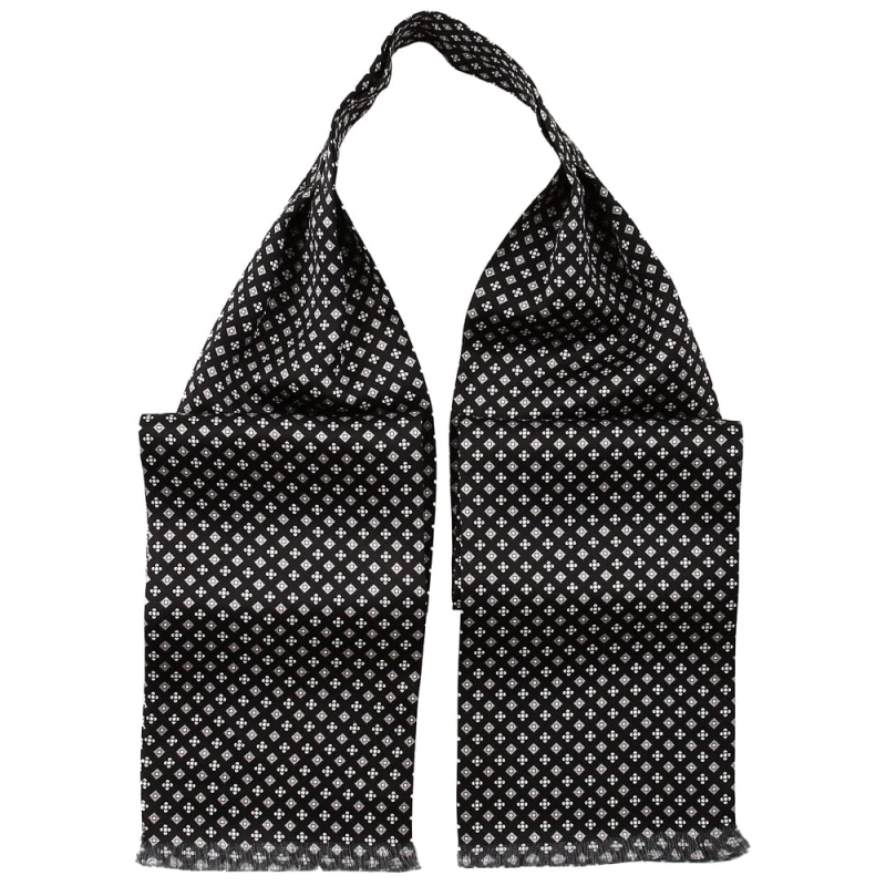 Black silk ascot with white flowers and silver diamonds