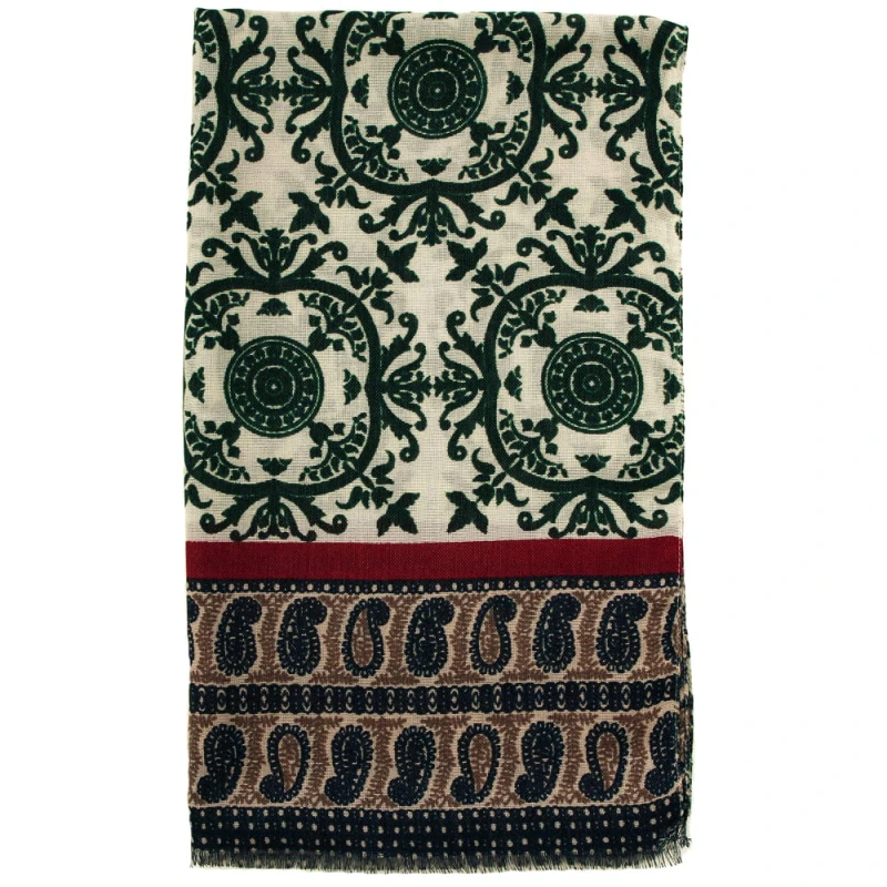 White scarf with dark green and brown ornament SW01624a.jpg