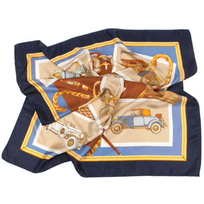 Dark blue silk scarf with vintage cars motif
