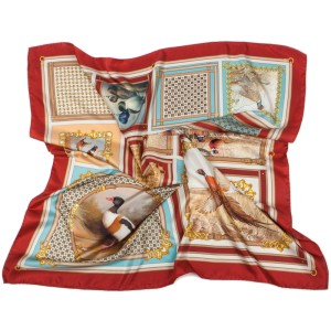 Brick colour silk scarf in birds and geometric pattern