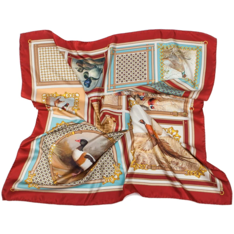 Brick colour silk scarf in birds and geometric pattern