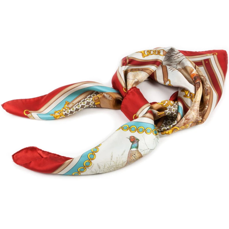 Brick colour silk scarf in birds and geometric pattern AP0042a.jpg
