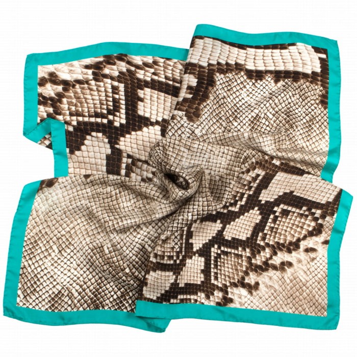 Beige silk scarf with brown snake pattern with turquoise border