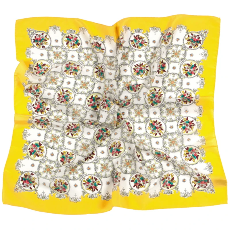 White silk scarf with flowers and a yellow border