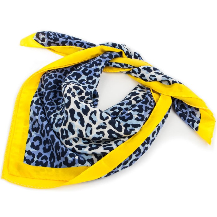 White and violet silk scarf with navy spots and blue elements, bordered with yellow aS0095a.jpg
