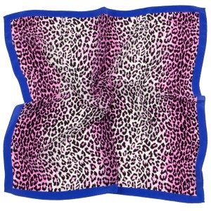 White and pink silk scarf in black spots with a blue border
