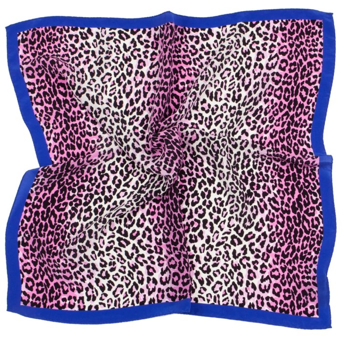 White and pink silk scarf in black spots with a blue border