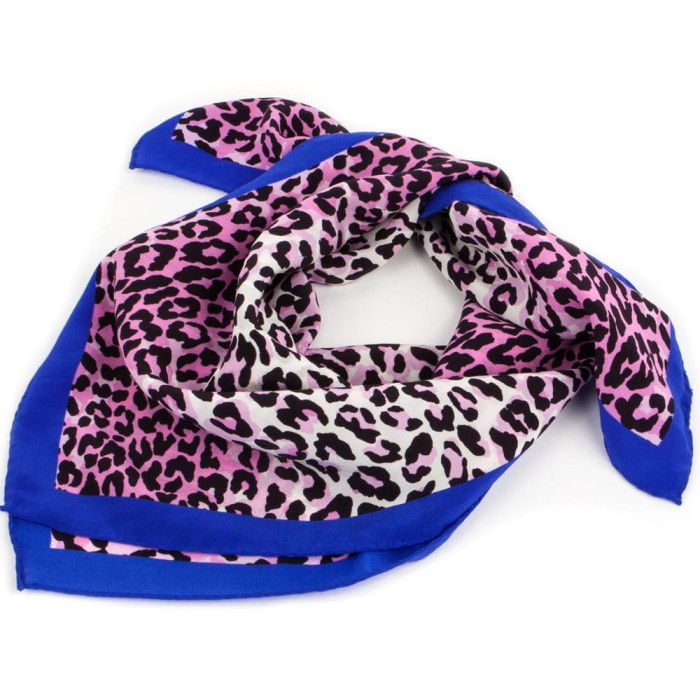 White and pink silk scarf in black spots with a blue border AS0097a.jpg