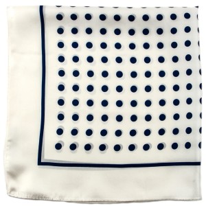White silk scarf with navy blue polka dots