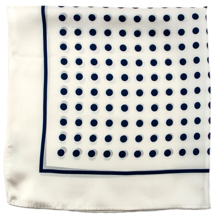 White silk scarf with navy blue polka dots