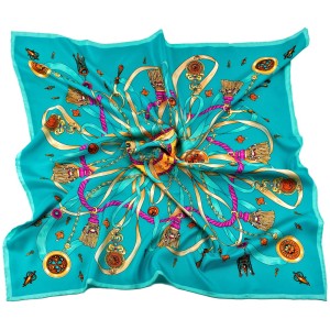 Dark turquoise silk scarf with classic jewelry pattern