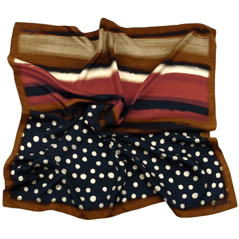 Brown and navy blue silk scarf with peas and stripes