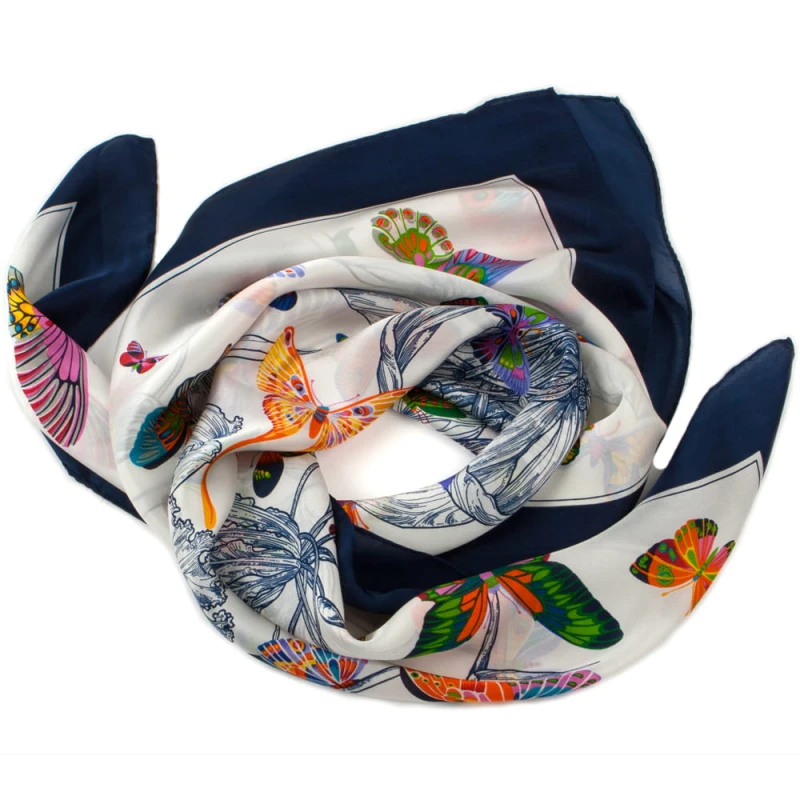 White silk scarf with colorful butterflies and a navy blue frame AS0176a.jpg
