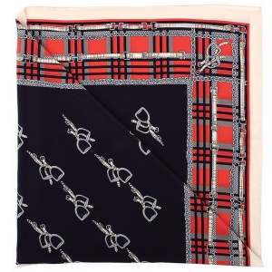 Dark blue silk scarf with stirrups and salmon chequered pattern
