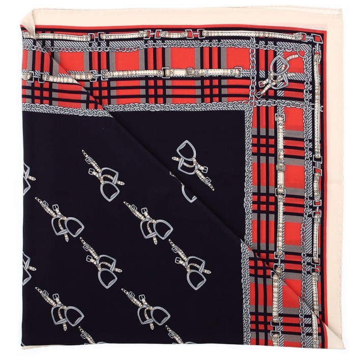 Dark blue silk scarf with stirrups and salmon chequered pattern