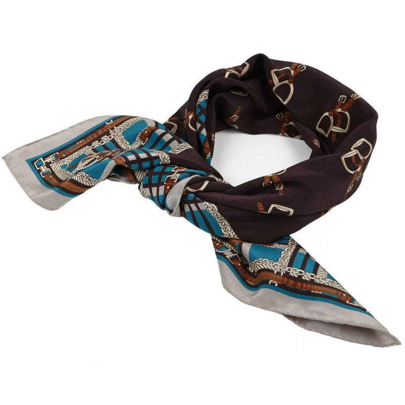 Brown silk scarf in stirrups framed with turquoise checkered belt ASS0029a.jpg