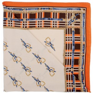 Beige silk scarf in stirrups and brown and orange check
