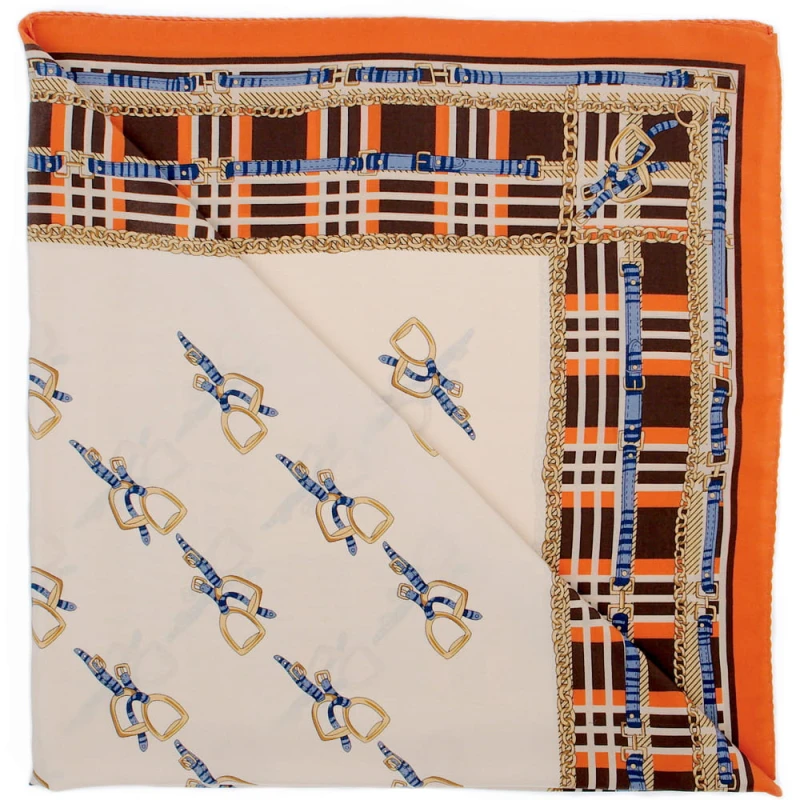 Beige silk scarf in stirrups and brown and orange check