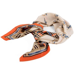 Beige silk scarf in stirrups and brown and orange check ASS0030a.jpg