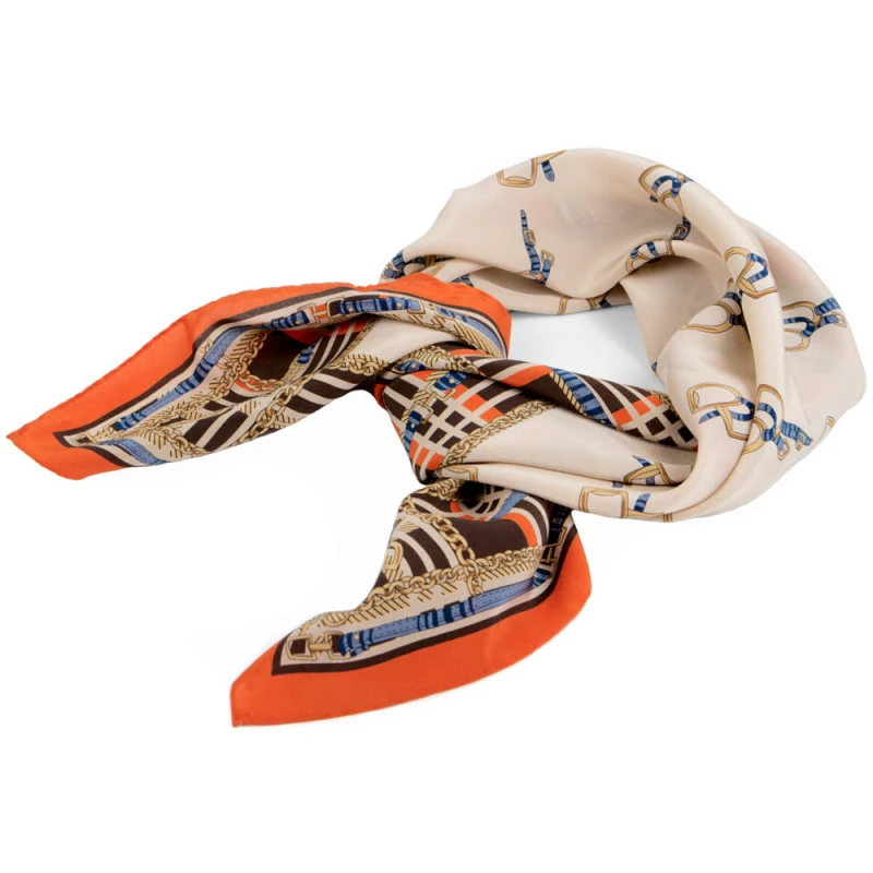 Beige silk scarf in stirrups and brown and orange check ASS0030a.jpg