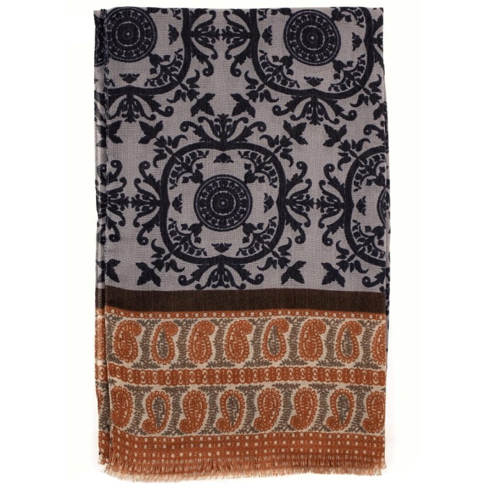 Gray scarf with navy blue ornament in rusty paisley SW01623a.jpg