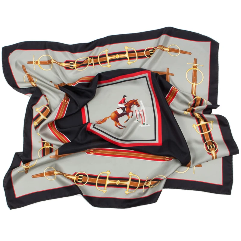 Black silk scarf with an equestrian motif