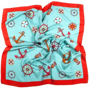 Turquoise silk scarf with a marine motif