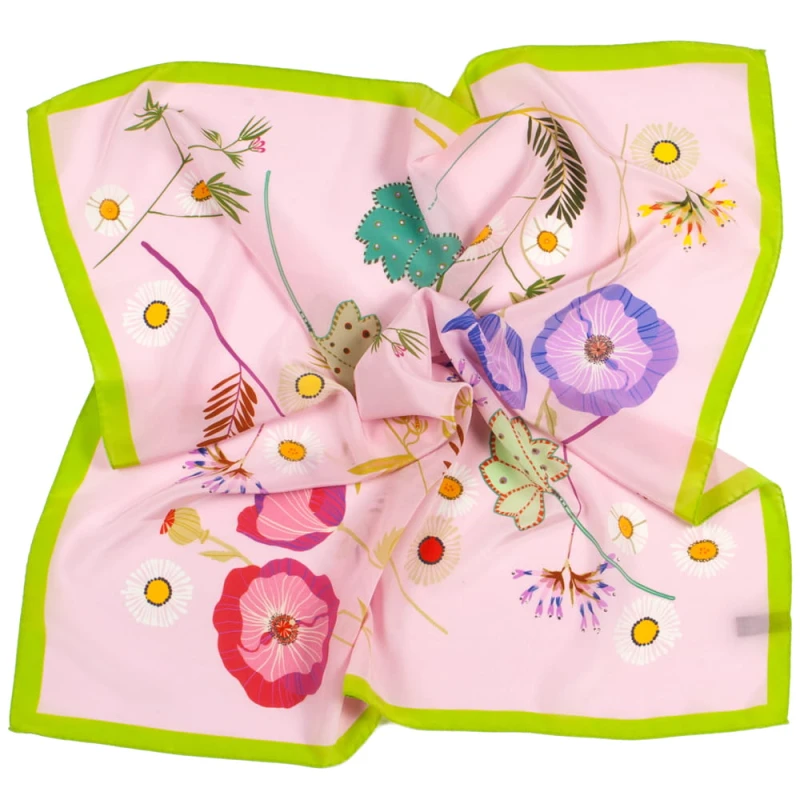 Pale pink silk scarf with green border