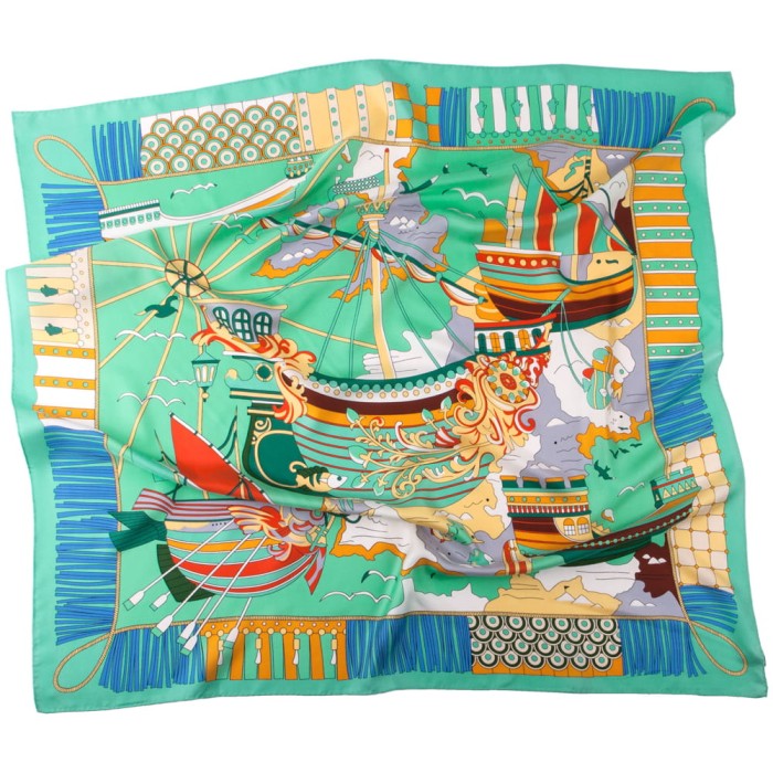 Light green silk scarf with a colorful sea pattern