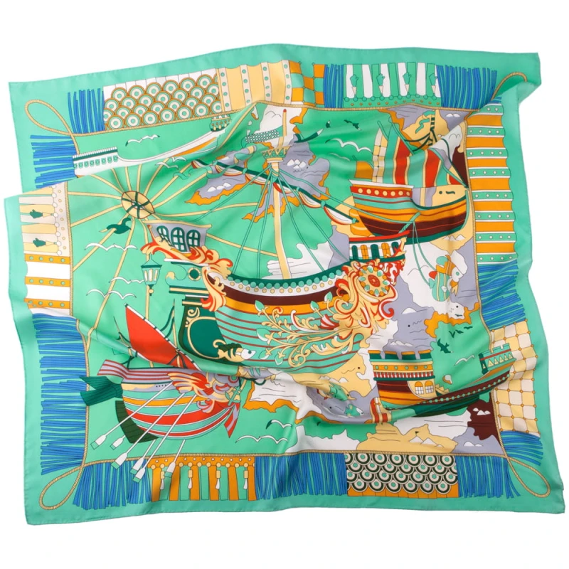 Light green silk scarf with a colorful sea pattern