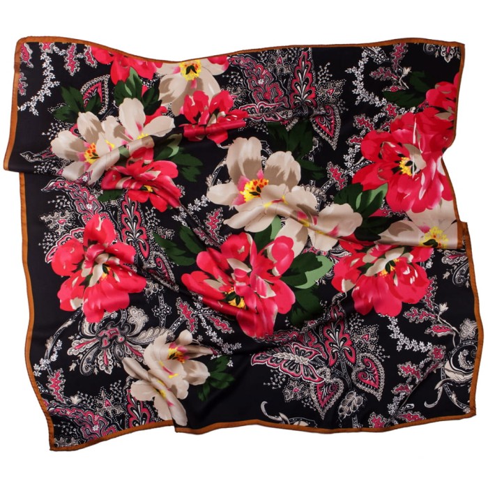 Black silk scarf with colorful flowers and paisley