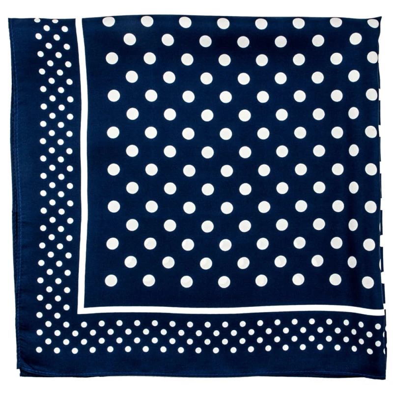 Navy blue silk scarf with white polka dots