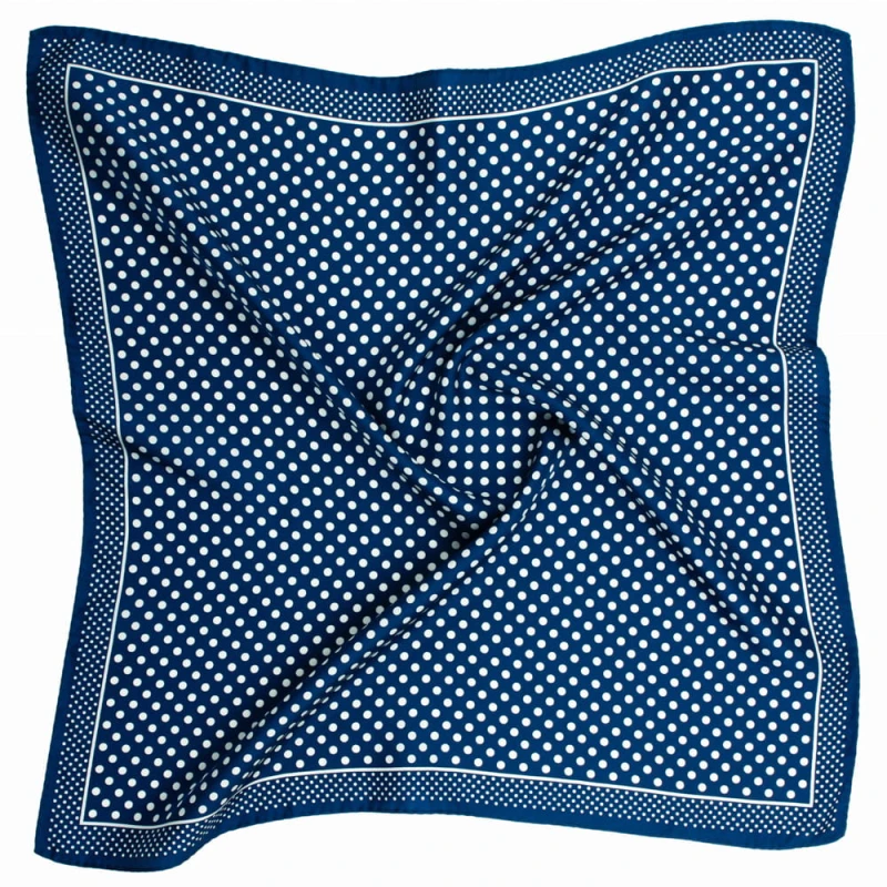 Navy blue silk scarf with white polka dots