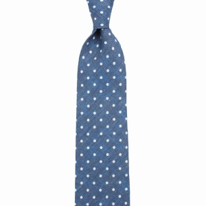 Light blue-gray tie. Material - printed mixed silk with linen.With white dots