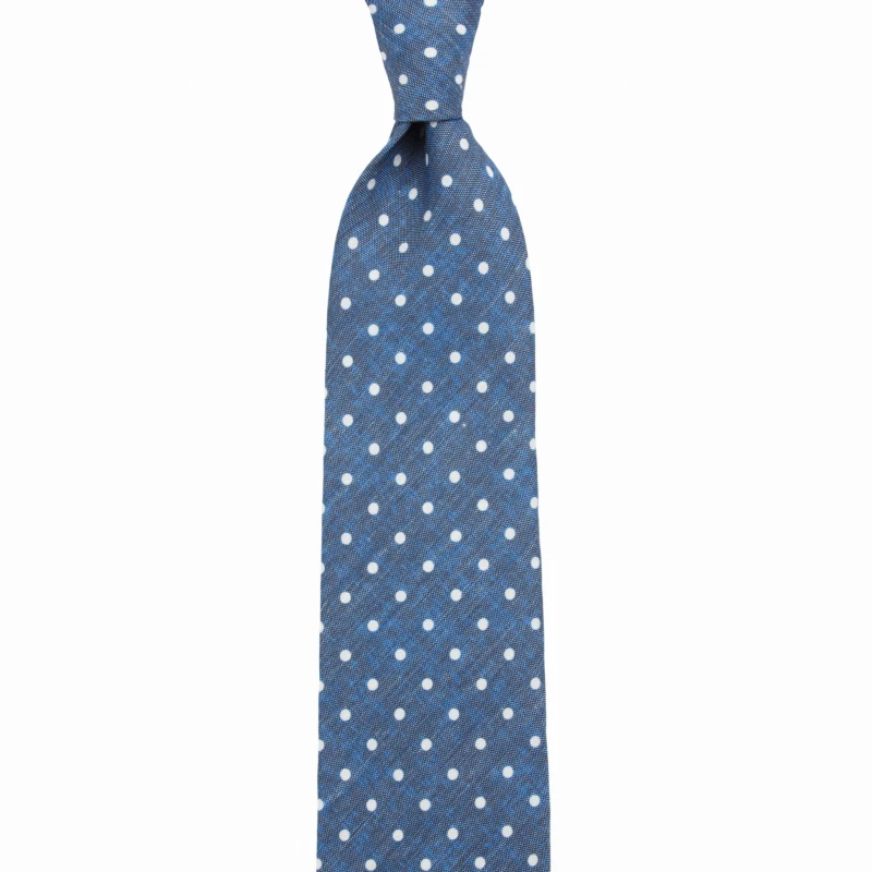 Light blue-gray tie. Material - printed mixed silk with linen.With white dots